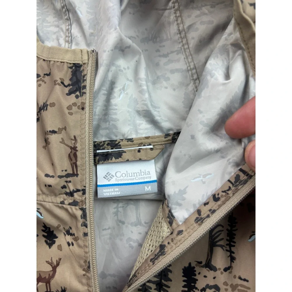 Columbia Hooded Windbreaker Mens Medium Tan Forest Deer Print Full Zip Jacket